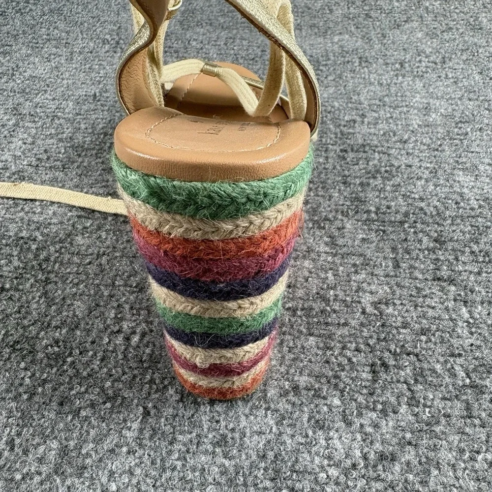 Kate Spade Gold Espadrille Wedge Sandals Women's 9M Lace Up Rainbow Boho 5